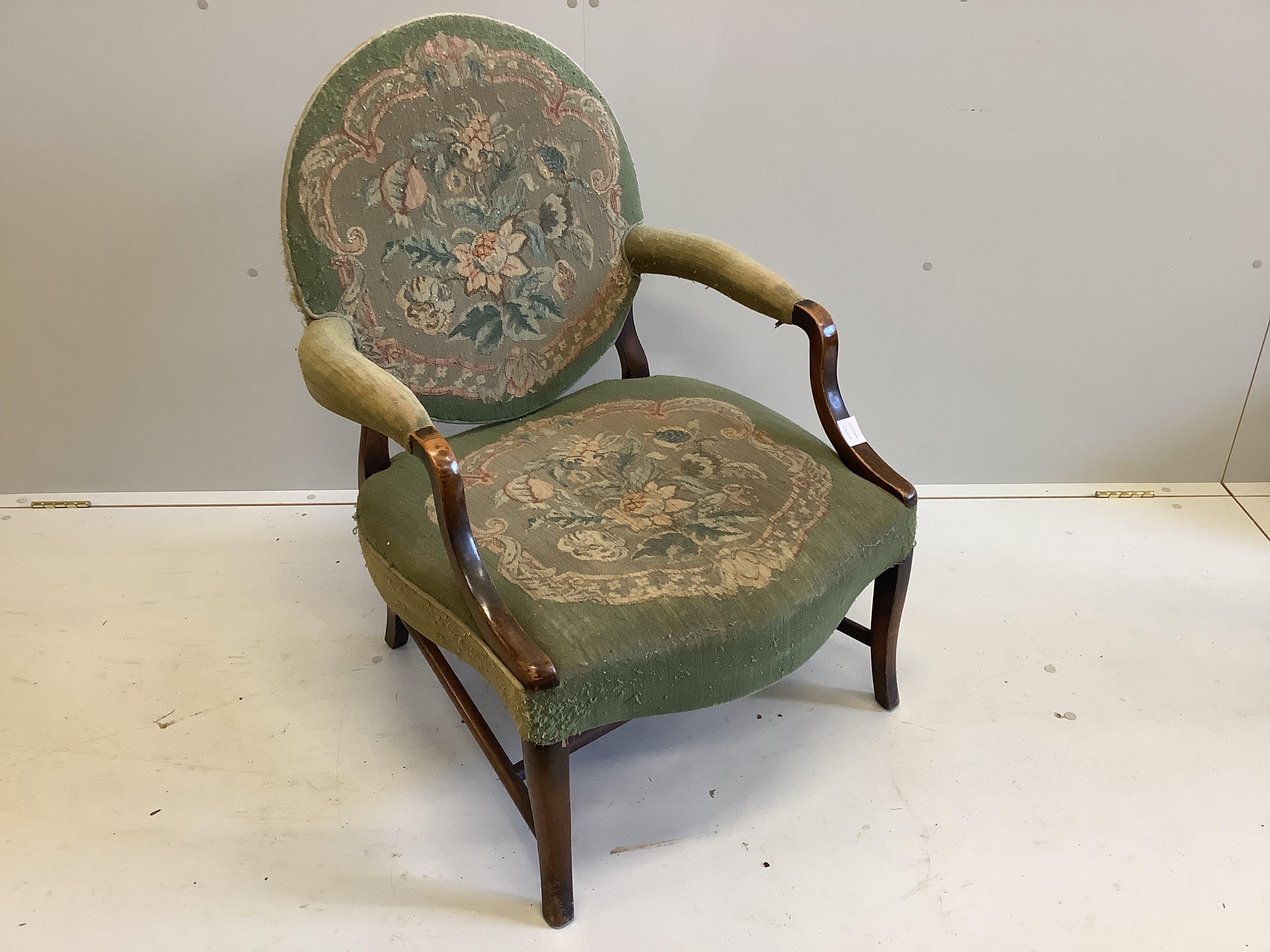 A George III style mahogany elbow chair, with tapestry back and seat, width 66cm, depth 60cm, height 90cm